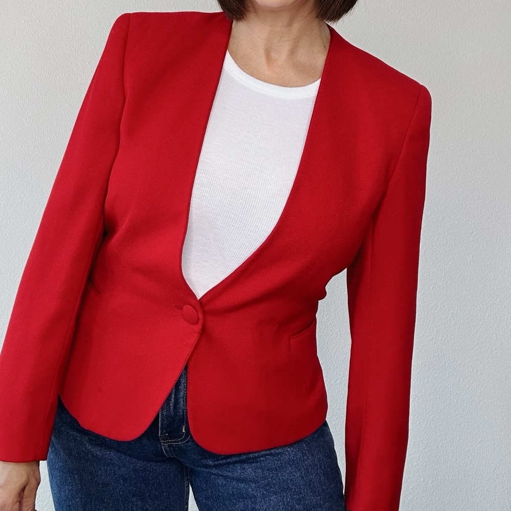 Vintage 80's Red Wool Fitted Blazer with Shoulder Pads